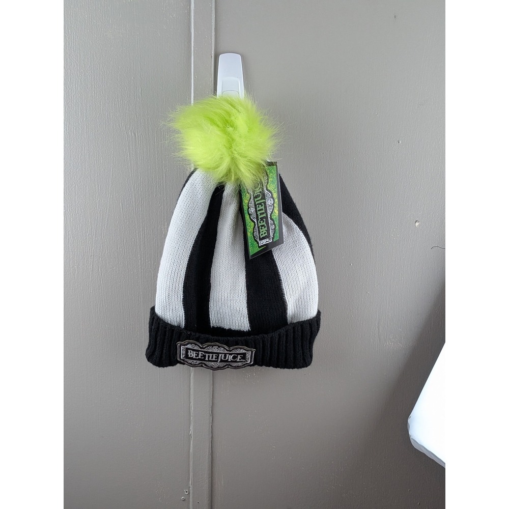 Beetlejuice Black White Striped Knit Beanie Hat Neon Green Pom Pom NWT Kids